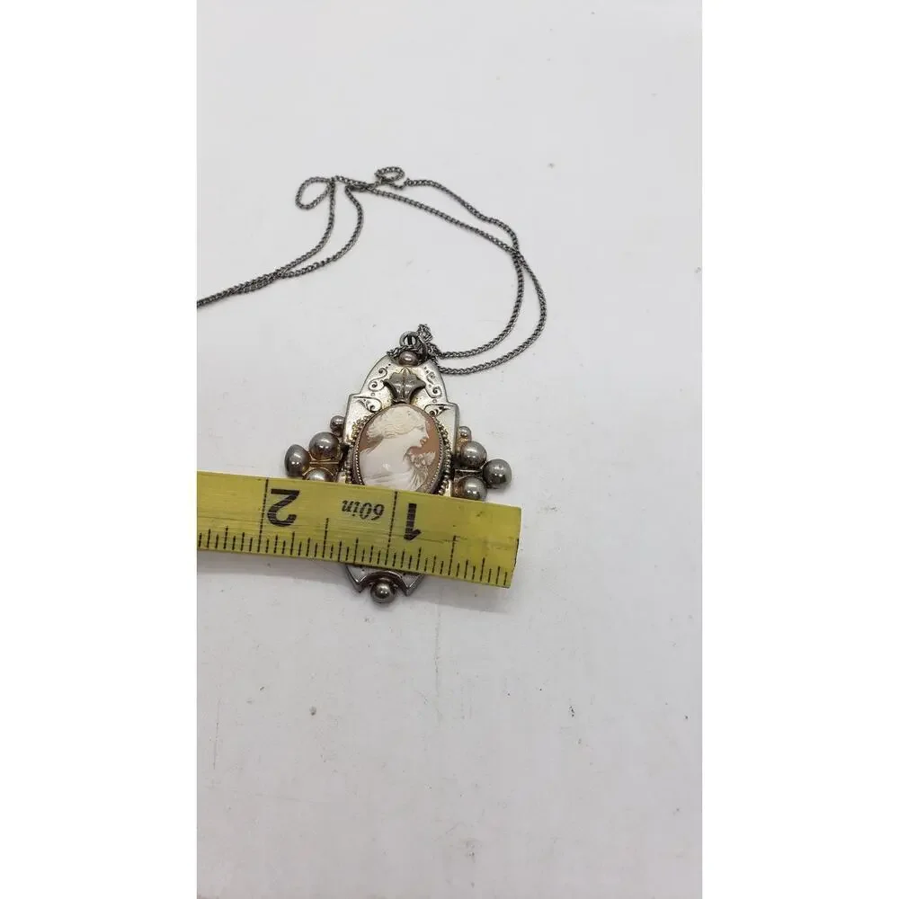 Vintage Cameo Pendant Necklace Silver Tone Ornate Art Deco Intaglio Large